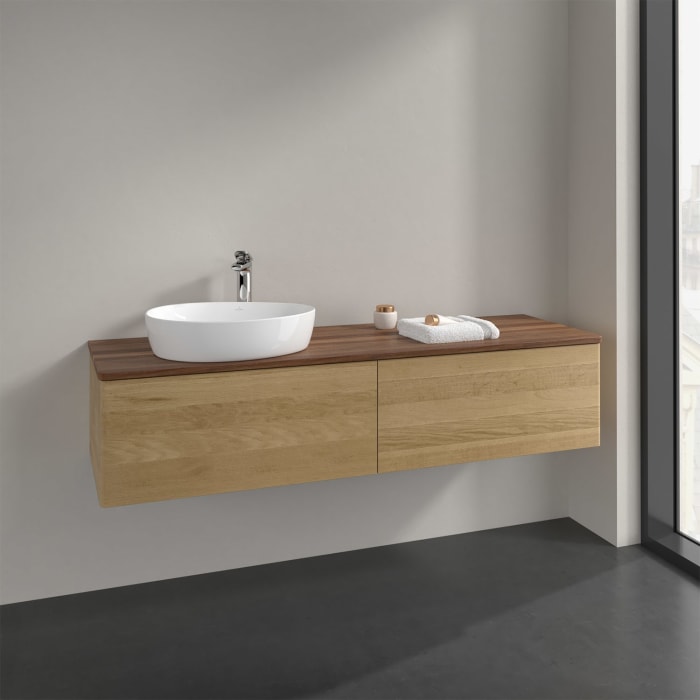 Villeroy & Boch Antao Waschbeckenunterschrank, 160 x 36 cm, 2 Auszüge, Front ohne Struktur, mit Hahnloch, für Waschtisch links