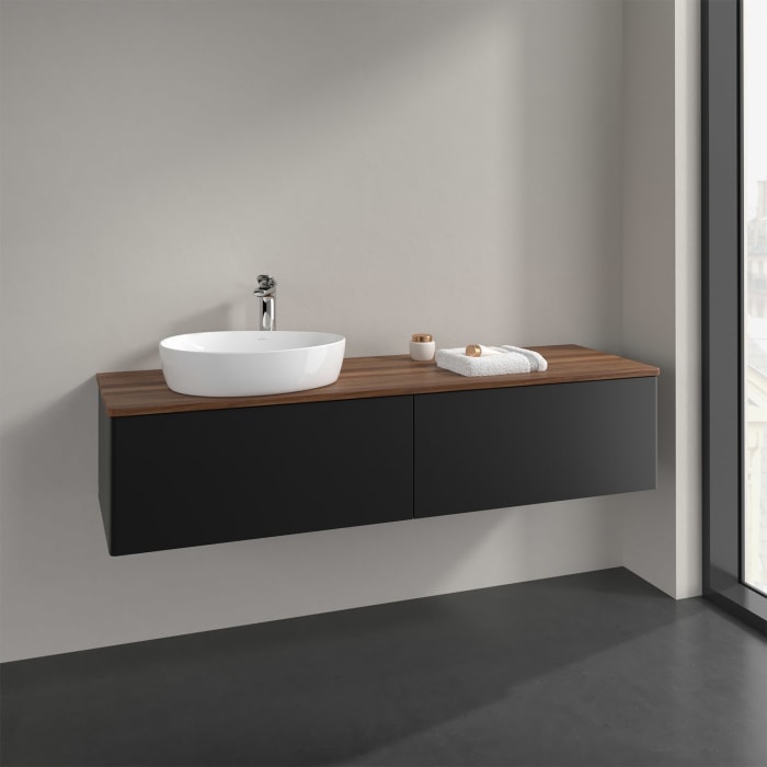 Villeroy & Boch Antao Waschbeckenunterschrank, 160 x 36 cm, 2 Auszüge, Front ohne Struktur, mit Hahnloch, für Waschtisch links