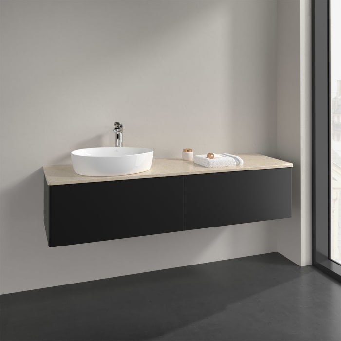 Villeroy & Boch Antao Waschbeckenunterschrank, 160 x 36 cm, 2 Auszüge, Front ohne Struktur, mit Hahnloch, für Waschtisch links