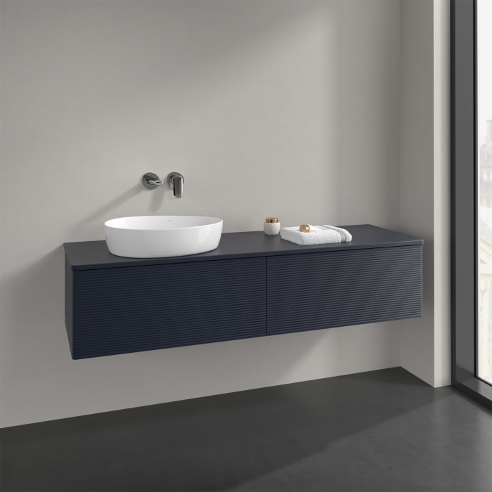 Villeroy & Boch Antao Waschbeckenunterschrank, 160 x 36 cm, 2 Auszüge, Front mit Struktur, ohne Hahnloch, für Waschtisch links