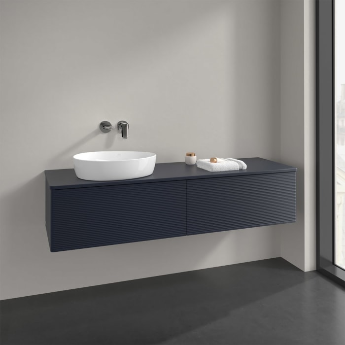 Villeroy & Boch Antao Waschbeckenunterschrank, 160 x 36 cm, 2 Auszüge, Front mit Struktur, mit Hahnloch, für Waschtisch links