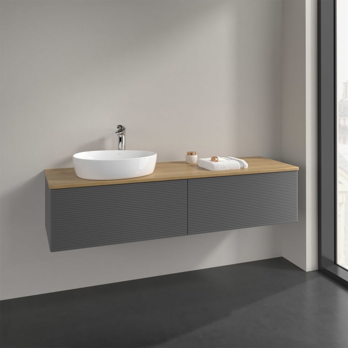 Villeroy & Boch Antao Waschbeckenunterschrank, 160 x 36 cm, 2 Auszüge, Front mit Struktur, mit Hahnloch, für Waschtisch links