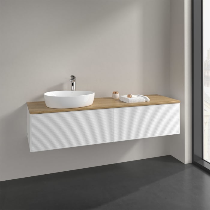 Villeroy & Boch Antao Waschbeckenunterschrank, 160 x 36 cm, 2 Auszüge, Front mit Struktur, mit Hahnloch, für Waschtisch links