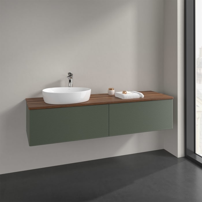 Villeroy & Boch Antao Waschbeckenunterschrank, 160 x 36 cm, 2 Auszüge, Front mit Struktur, mit Hahnloch, für Waschtisch links
