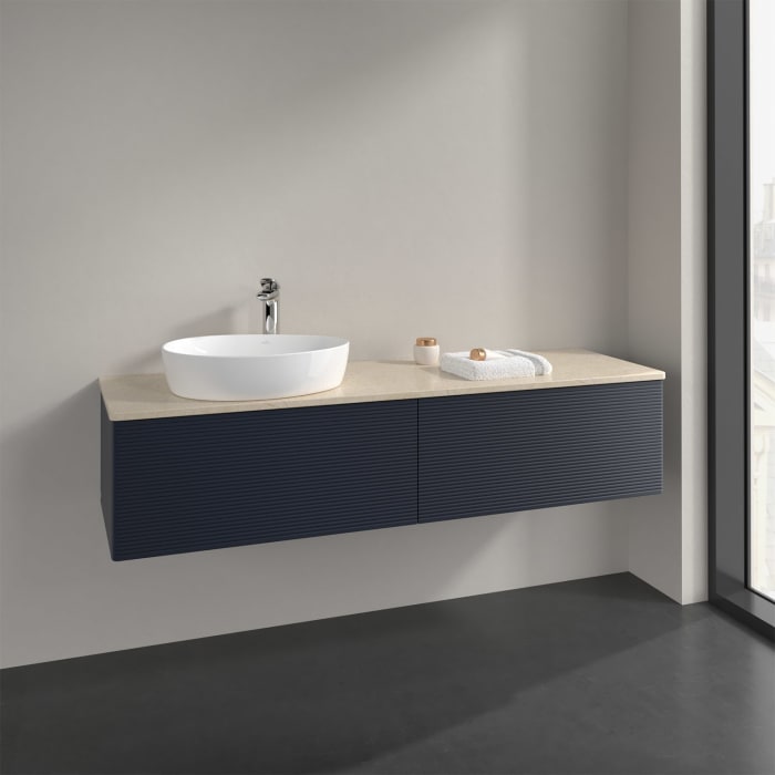 Villeroy & Boch Antao Waschbeckenunterschrank, 160 x 36 cm, 2 Auszüge, Front mit Struktur, mit Hahnloch, für Waschtisch links