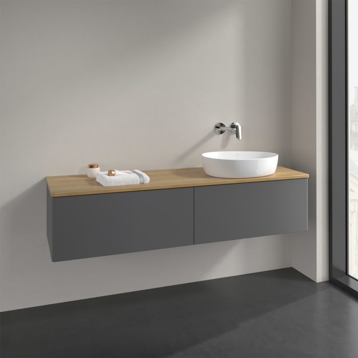Villeroy & Boch Antao Waschbeckenunterschrank, 160 x 36 cm, 2 Auszüge, Front ohne Struktur, ohne Hahnloch, für Waschtisch rechts