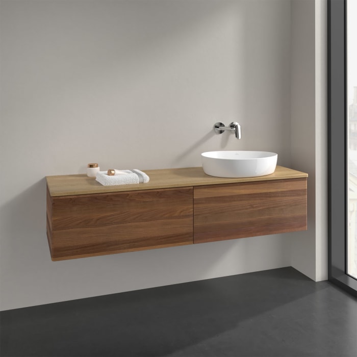 Villeroy & Boch Antao Waschbeckenunterschrank, 160 x 36 cm, 2 Auszüge, Front ohne Struktur, ohne Hahnloch, für Waschtisch rechts