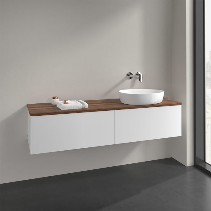 Villeroy & Boch Antao Waschbeckenunterschrank, 160 x 36 cm, 2 Auszüge, Front ohne Struktur, ohne Hahnloch, für Waschtisch rechts
