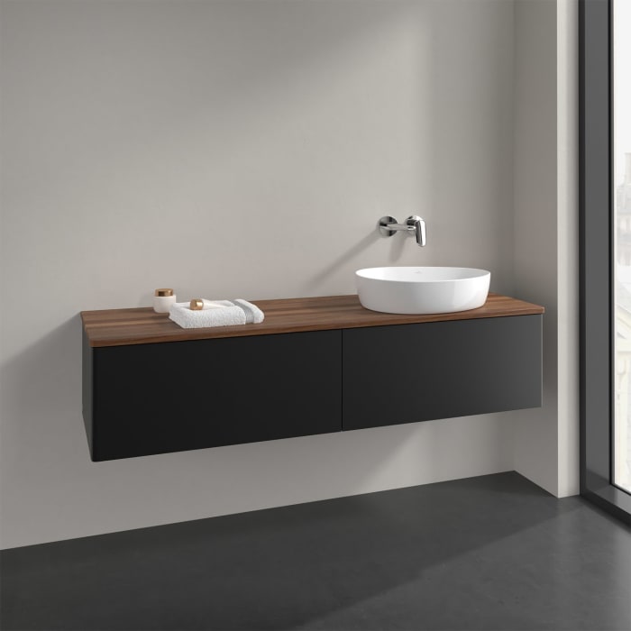 Villeroy & Boch Antao Waschbeckenunterschrank, 160 x 36 cm, 2 Auszüge, Front ohne Struktur, ohne Hahnloch, für Waschtisch rechts