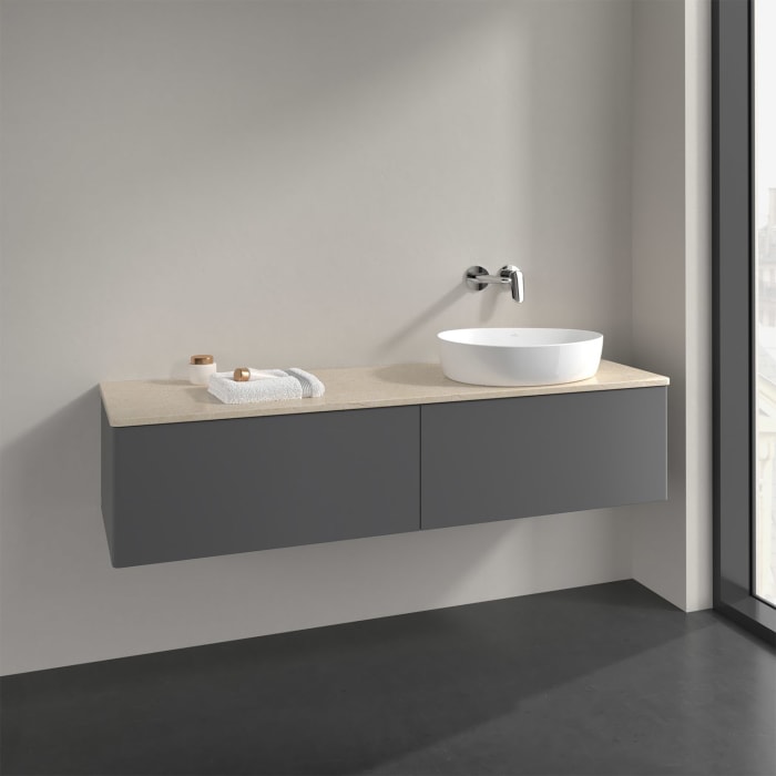 Villeroy & Boch Antao Waschbeckenunterschrank, 160 x 36 cm, 2 Auszüge, Front ohne Struktur, ohne Hahnloch, für Waschtisch rechts