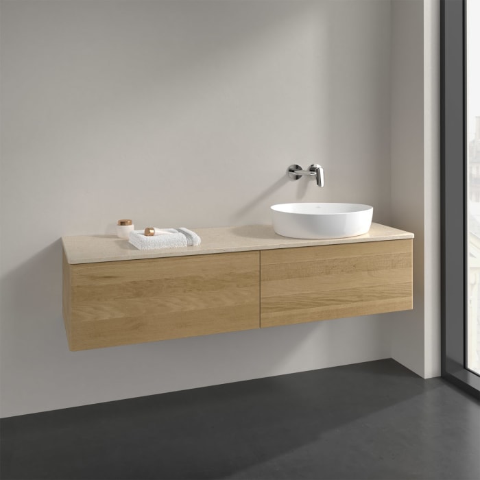 Villeroy & Boch Antao Waschbeckenunterschrank, 160 x 36 cm, 2 Auszüge, Front ohne Struktur, ohne Hahnloch, für Waschtisch rechts