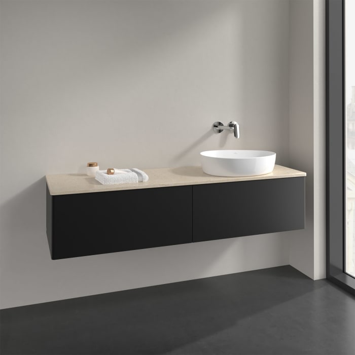 Villeroy & Boch Antao Waschbeckenunterschrank, 160 x 36 cm, 2 Auszüge, Front ohne Struktur, ohne Hahnloch, für Waschtisch rechts