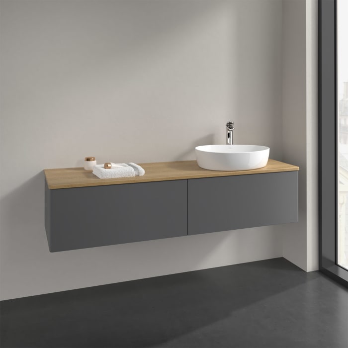 Villeroy & Boch Antao Waschbeckenunterschrank, 160 x 36 cm, 2 Auszüge, Front ohne Struktur, mit Hahnloch, für Waschtisch rechts