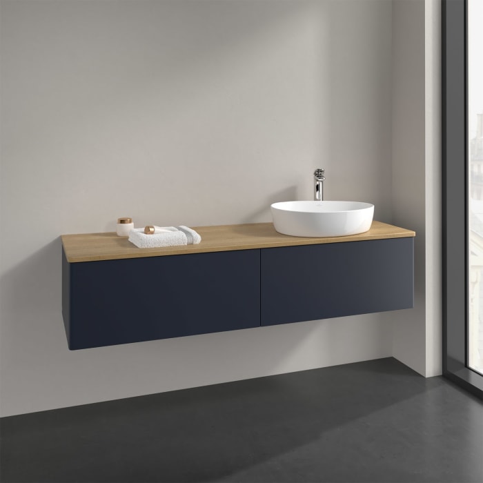 Villeroy & Boch Antao Waschbeckenunterschrank, 160 x 36 cm, 2 Auszüge, Front ohne Struktur, mit Hahnloch, für Waschtisch rechts