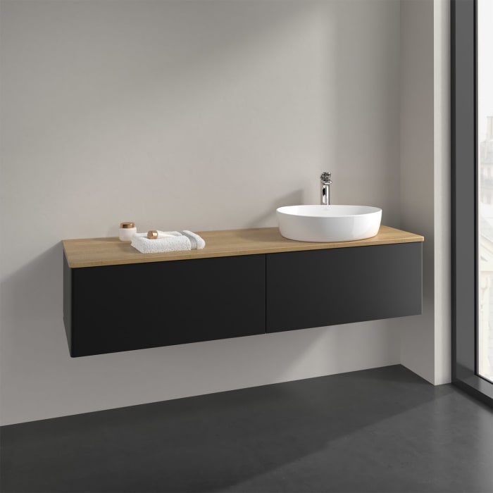 Villeroy & Boch Antao Waschbeckenunterschrank, 160 x 36 cm, 2 Auszüge, Front ohne Struktur, mit Hahnloch, für Waschtisch rechts