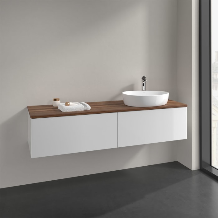 Villeroy & Boch Antao Waschbeckenunterschrank, 160 x 36 cm, 2 Auszüge, Front ohne Struktur, mit Hahnloch, für Waschtisch rechts