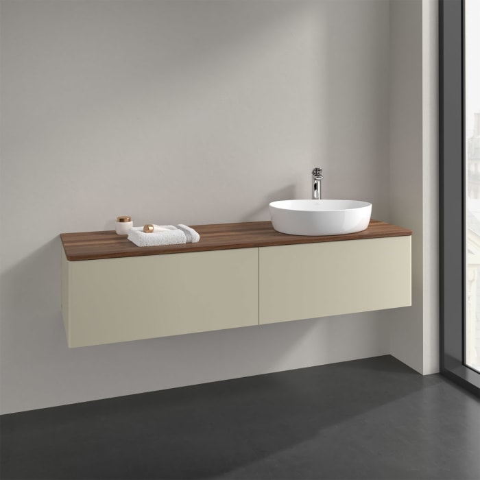 Villeroy & Boch Antao Waschbeckenunterschrank, 160 x 36 cm, 2 Auszüge, Front ohne Struktur, mit Hahnloch, für Waschtisch rechts
