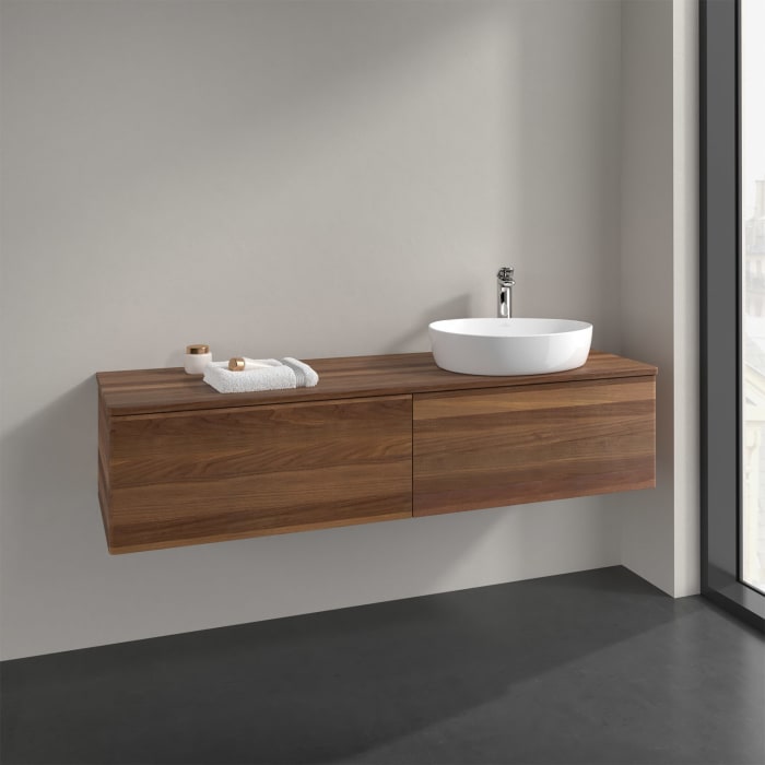 Villeroy & Boch Antao Waschbeckenunterschrank, 160 x 36 cm, 2 Auszüge, Front ohne Struktur, mit Hahnloch, für Waschtisch rechts