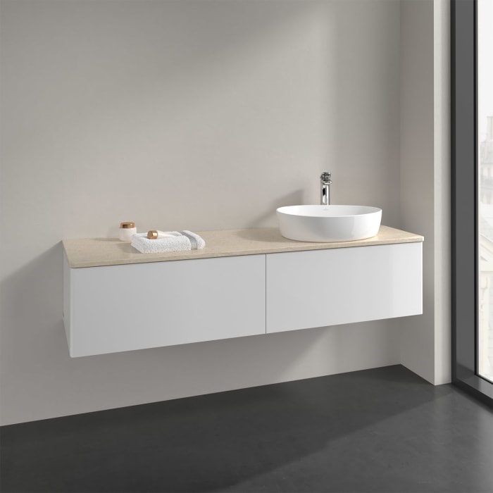 Villeroy & Boch Antao Waschbeckenunterschrank, 160 x 36 cm, 2 Auszüge, Front ohne Struktur, mit Hahnloch, für Waschtisch rechts