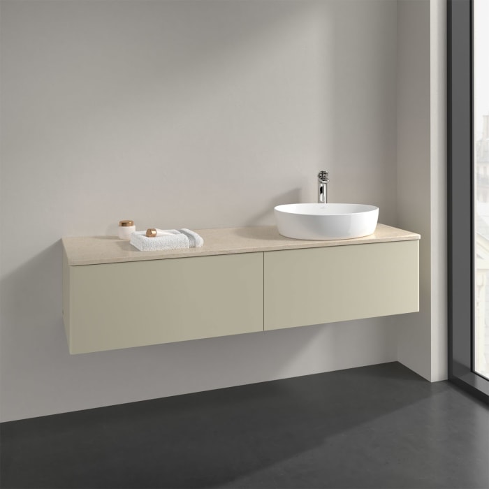 Villeroy & Boch Antao Waschbeckenunterschrank, 160 x 36 cm, 2 Auszüge, Front ohne Struktur, mit Hahnloch, für Waschtisch rechts
