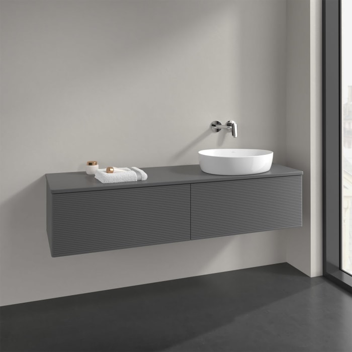 Villeroy & Boch Antao Waschbeckenunterschrank, 160 x 36 cm, 2 Auszüge, Front mit Struktur, ohne Hahnloch, für Waschtisch rechts
