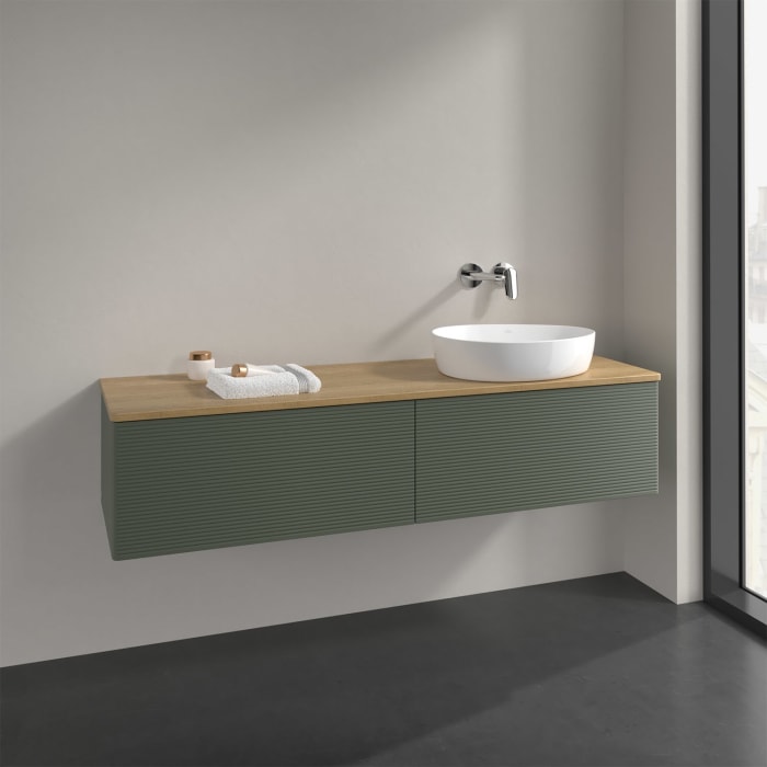 Villeroy & Boch Antao Waschbeckenunterschrank, 160 x 36 cm, 2 Auszüge, Front mit Struktur, ohne Hahnloch, für Waschtisch rechts