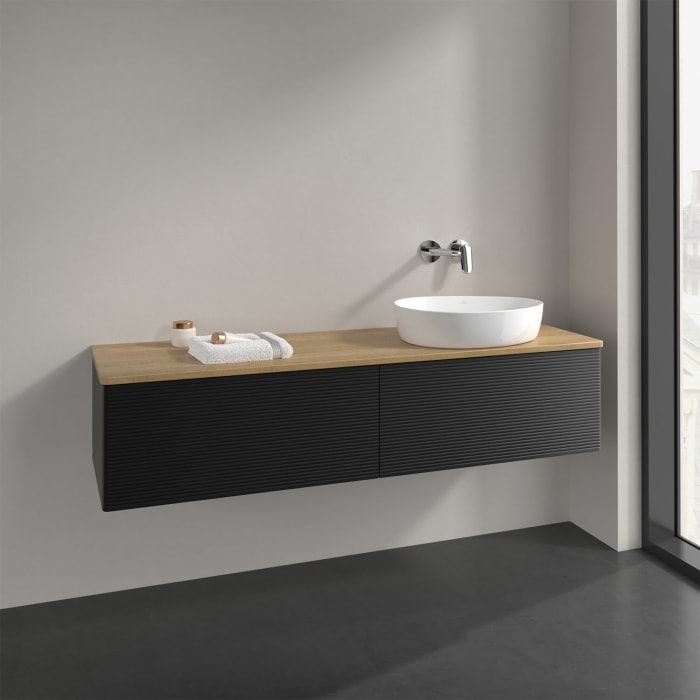 Villeroy & Boch Antao Waschbeckenunterschrank, 160 x 36 cm, 2 Auszüge, Front mit Struktur, ohne Hahnloch, für Waschtisch rechts