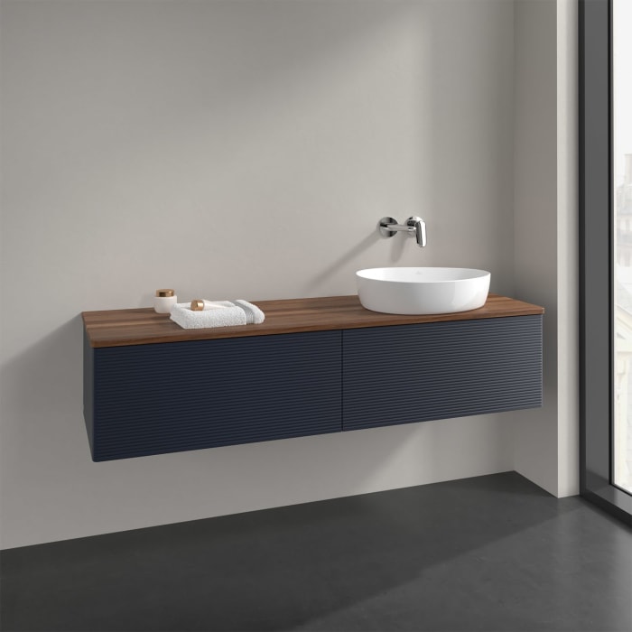 Villeroy & Boch Antao Waschbeckenunterschrank, 160 x 36 cm, 2 Auszüge, Front mit Struktur, ohne Hahnloch, für Waschtisch rechts