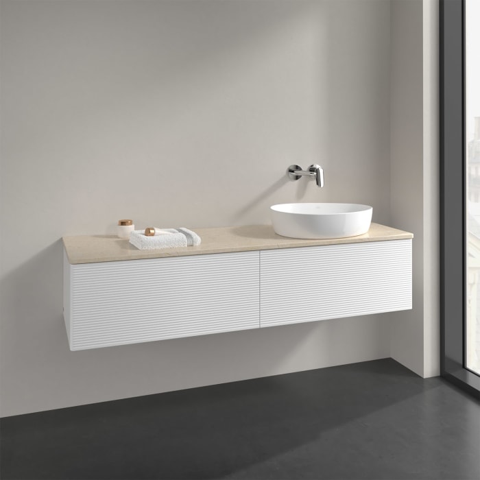 Villeroy & Boch Antao Waschbeckenunterschrank, 160 x 36 cm, 2 Auszüge, Front mit Struktur, ohne Hahnloch, für Waschtisch rechts