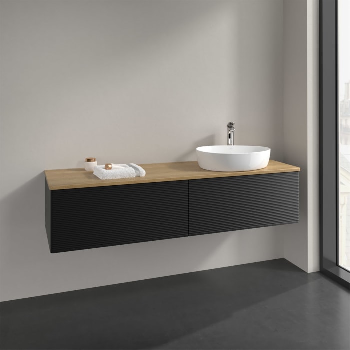 Villeroy & Boch Antao Waschbeckenunterschrank, 160 x 36 cm, 2 Auszüge, Front mit Struktur, mit Hahnloch, für Waschtisch rechts