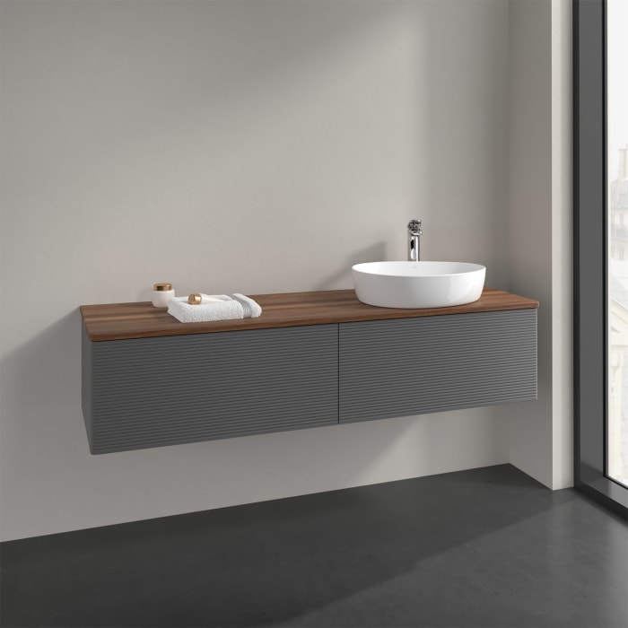 Villeroy & Boch Antao Waschbeckenunterschrank, 160 x 36 cm, 2 Auszüge, Front mit Struktur, mit Hahnloch, für Waschtisch rechts