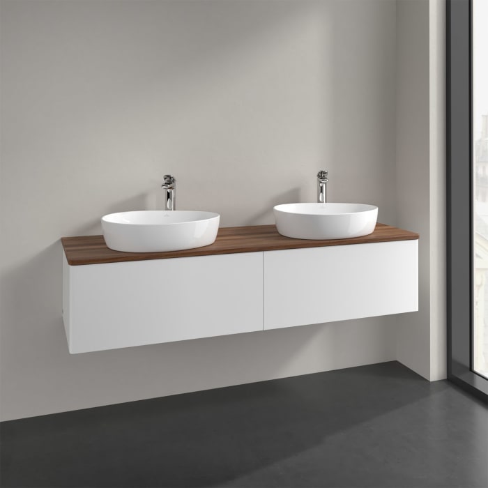 Villeroy & Boch Antao Waschbeckenunterschrank, 160 x 36 cm, 2 Auszüge, Front ohne Struktur, mit Hahnloch, für Waschtisch links und rechts