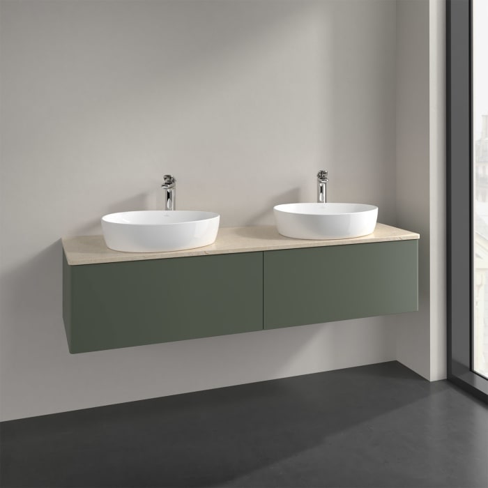 Villeroy & Boch Antao Waschbeckenunterschrank, 160 x 36 cm, 2 Auszüge, Front ohne Struktur, mit Hahnloch, für Waschtisch links und rechts