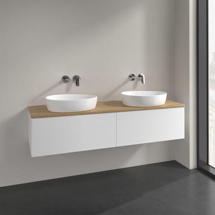 Villeroy & Boch Antao Waschbeckenunterschrank, 160 x 36 cm, 2 Auszüge, Front mit Struktur, ohne Hahnloch, für Waschtisch links und rechts