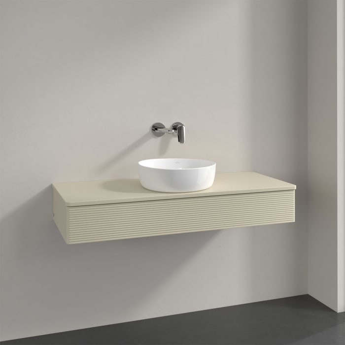 Villeroy & Boch Antao Waschbeckenunterschrank, 120 x 19 cm, 1 Auszug mit LED-Licht, Front mit Struktur, mit Hahnloch, für Waschtisch mittig