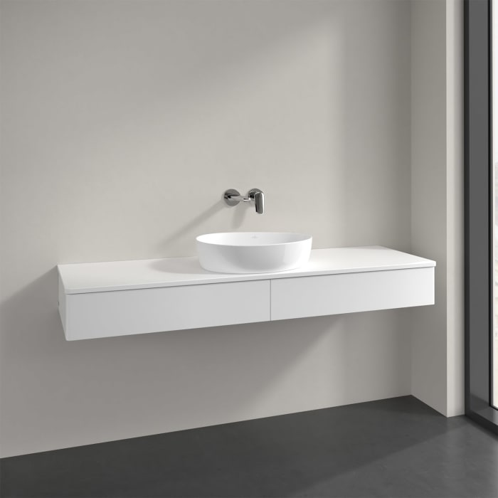 Villeroy & Boch Antao Waschbeckenunterschrank, 160 x 19 cm, 2 Auszüge mit LED-Licht, Front ohne Struktur, mit Hahnloch, für Waschtisch mittig