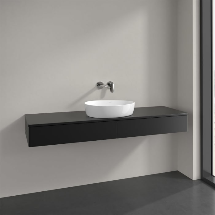 Villeroy & Boch Antao Waschbeckenunterschrank, 160 x 19 cm, 2 Auszüge mit LED-Licht, Front ohne Struktur, mit Hahnloch, für Waschtisch mittig