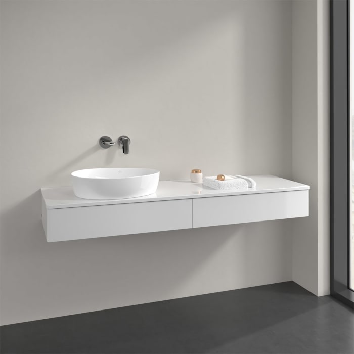 Villeroy & Boch Antao Waschbeckenunterschrank, 160 x 19 cm, 2 Auszüge mit LED-Licht, Front ohne Struktur, mit Hahnloch, für Waschtisch links