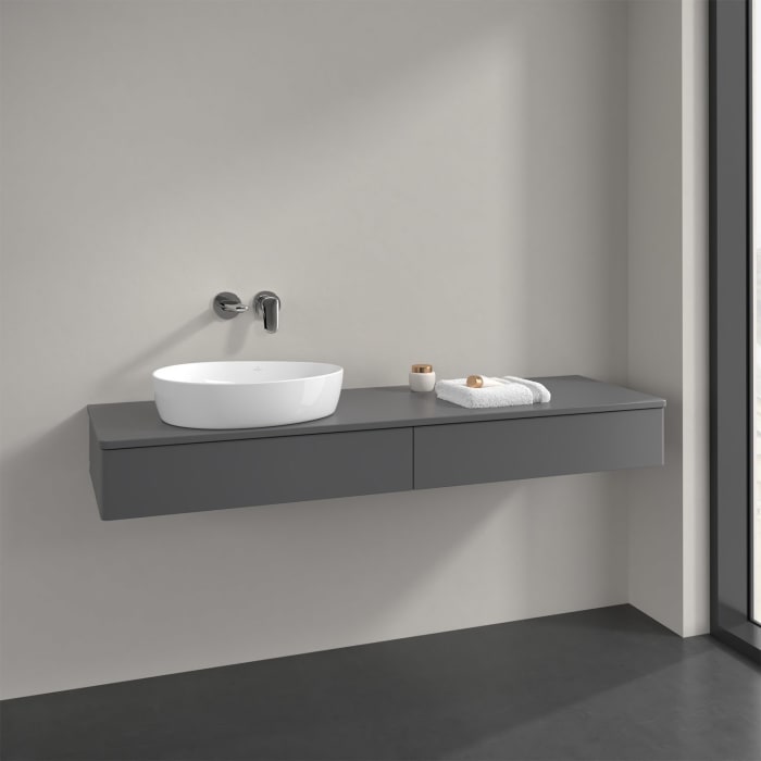 Villeroy & Boch Antao Waschbeckenunterschrank, 160 x 19 cm, 2 Auszüge mit LED-Licht, Front ohne Struktur, mit Hahnloch, für Waschtisch links