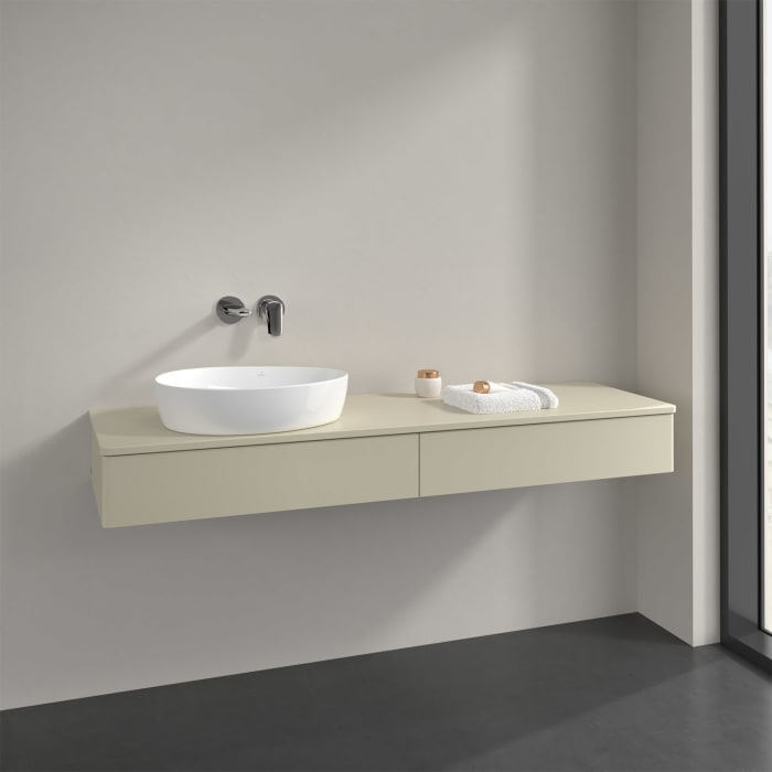 Villeroy & Boch Antao Waschbeckenunterschrank, 160 x 19 cm, 2 Auszüge mit LED-Licht, Front ohne Struktur, mit Hahnloch, für Waschtisch links