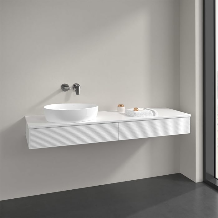 Villeroy & Boch Antao Waschbeckenunterschrank, 160 x 19 cm, 2 Auszüge mit LED-Licht, Front mit Struktur, mit Hahnloch, für Waschtisch links