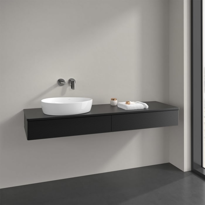 Villeroy & Boch Antao Waschbeckenunterschrank, 160 x 19 cm, 2 Auszüge mit LED-Licht, Front mit Struktur, mit Hahnloch, für Waschtisch links