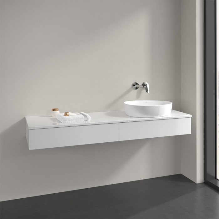 Villeroy & Boch Antao Waschbeckenunterschrank, 160 x 19 cm, 2 Auszüge mit LED-Licht, Front ohne Struktur, mit Hahnloch, für Waschtisch rechts