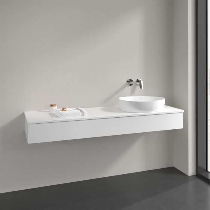 Villeroy & Boch Antao Waschbeckenunterschrank, 160 x 19 cm, 2 Auszüge mit LED-Licht, Front ohne Struktur, mit Hahnloch, für Waschtisch rechts