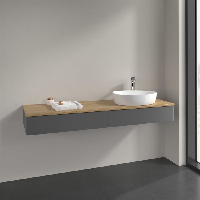 Villeroy & Boch Antao Waschbeckenunterschrank, 160 x 19 cm, 2 Auszüge mit LED-Licht, Front ohne Struktur, mit Hahnloch, für Waschtisch rechts