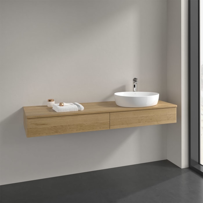 Villeroy & Boch Antao Waschbeckenunterschrank, 160 x 19 cm, 2 Auszüge mit LED-Licht, Front ohne Struktur, mit Hahnloch, für Waschtisch rechts
