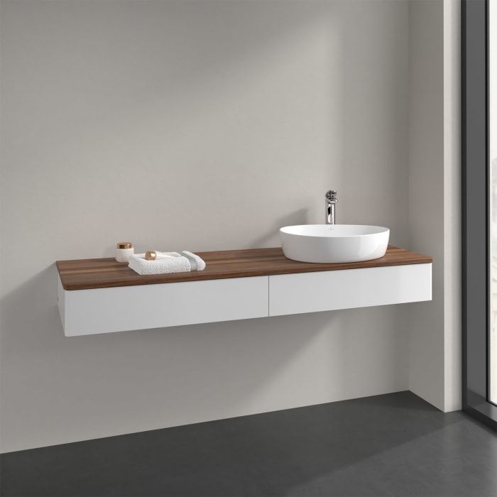 Villeroy & Boch Antao Waschbeckenunterschrank, 160 x 19 cm, 2 Auszüge mit LED-Licht, Front ohne Struktur, mit Hahnloch, für Waschtisch rechts