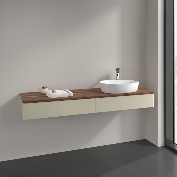 Villeroy & Boch Antao Waschbeckenunterschrank, 160 x 19 cm, 2 Auszüge mit LED-Licht, Front ohne Struktur, mit Hahnloch, für Waschtisch rechts