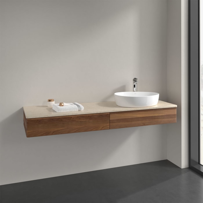 Villeroy & Boch Antao Waschbeckenunterschrank, 160 x 19 cm, 2 Auszüge mit LED-Licht, Front ohne Struktur, mit Hahnloch, für Waschtisch rechts