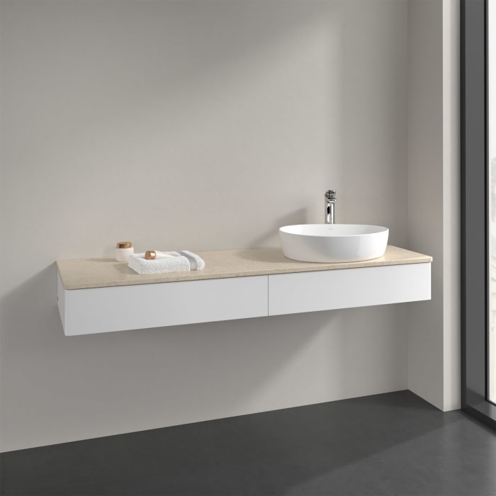 Villeroy & Boch Antao Waschbeckenunterschrank, 160 x 19 cm, 2 Auszüge mit LED-Licht, Front ohne Struktur, mit Hahnloch, für Waschtisch rechts